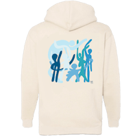 a white hooded sweatshirt with a blue and white design